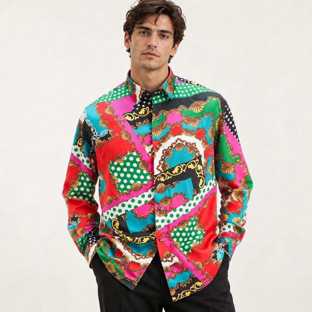 Mens Large Multicolor Baroque 100% Silk Long Sleeve Button Up Dress Shirt NWT